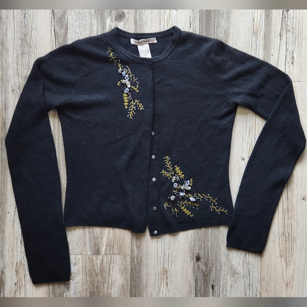 Vintage Free People Embroidered Black Cardigan Sweater Size S/P